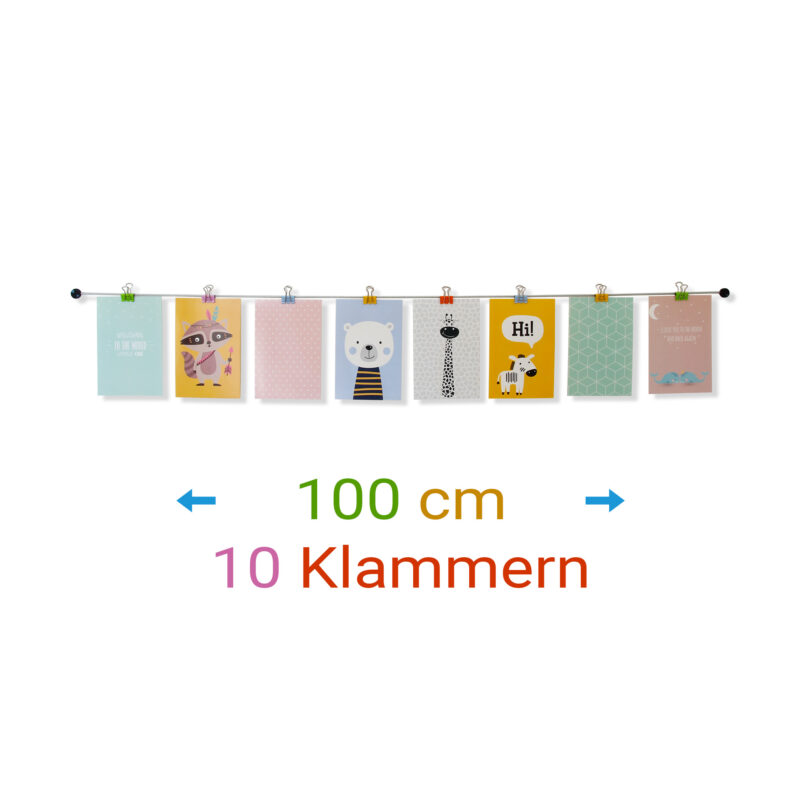 Fotoseil 100 cm mit 10 bunten Metallklammern um Fotos aufzuhängen