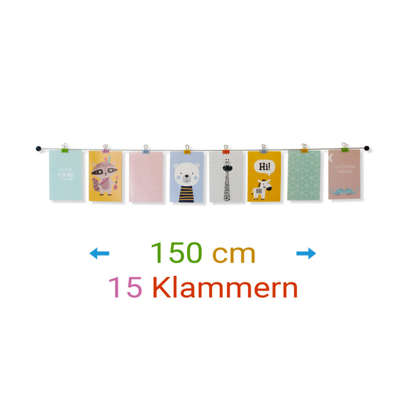 Fotoseil 150 cm mit 15 bunten Metallklammern um Fotos aufzuhängen