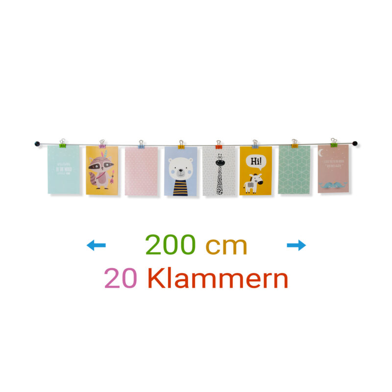 Fotoseil 200 cm mit 20 bunten Metallklammern um Fotos aufzuhängen