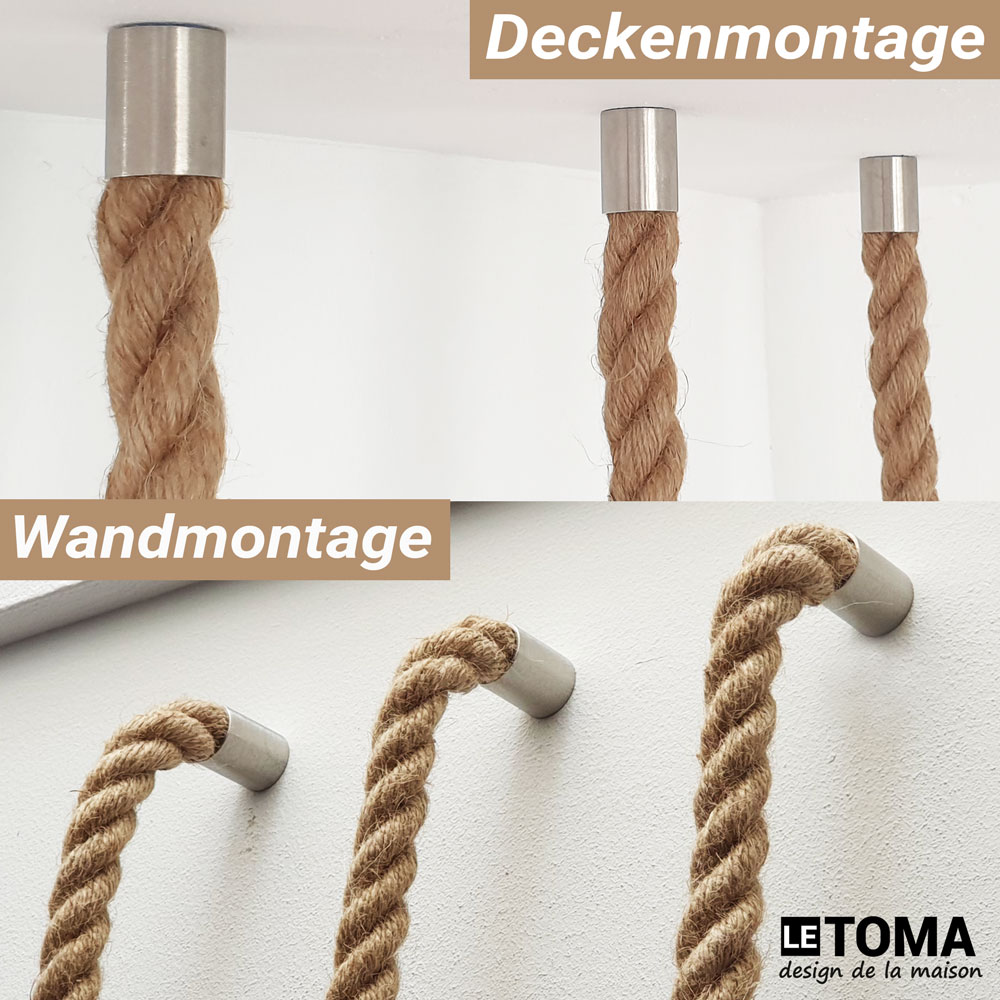 Seilgarderobe aus Jute-Seil im Industriedesign mit Haken zum Aufhängen an der Wand und Decke