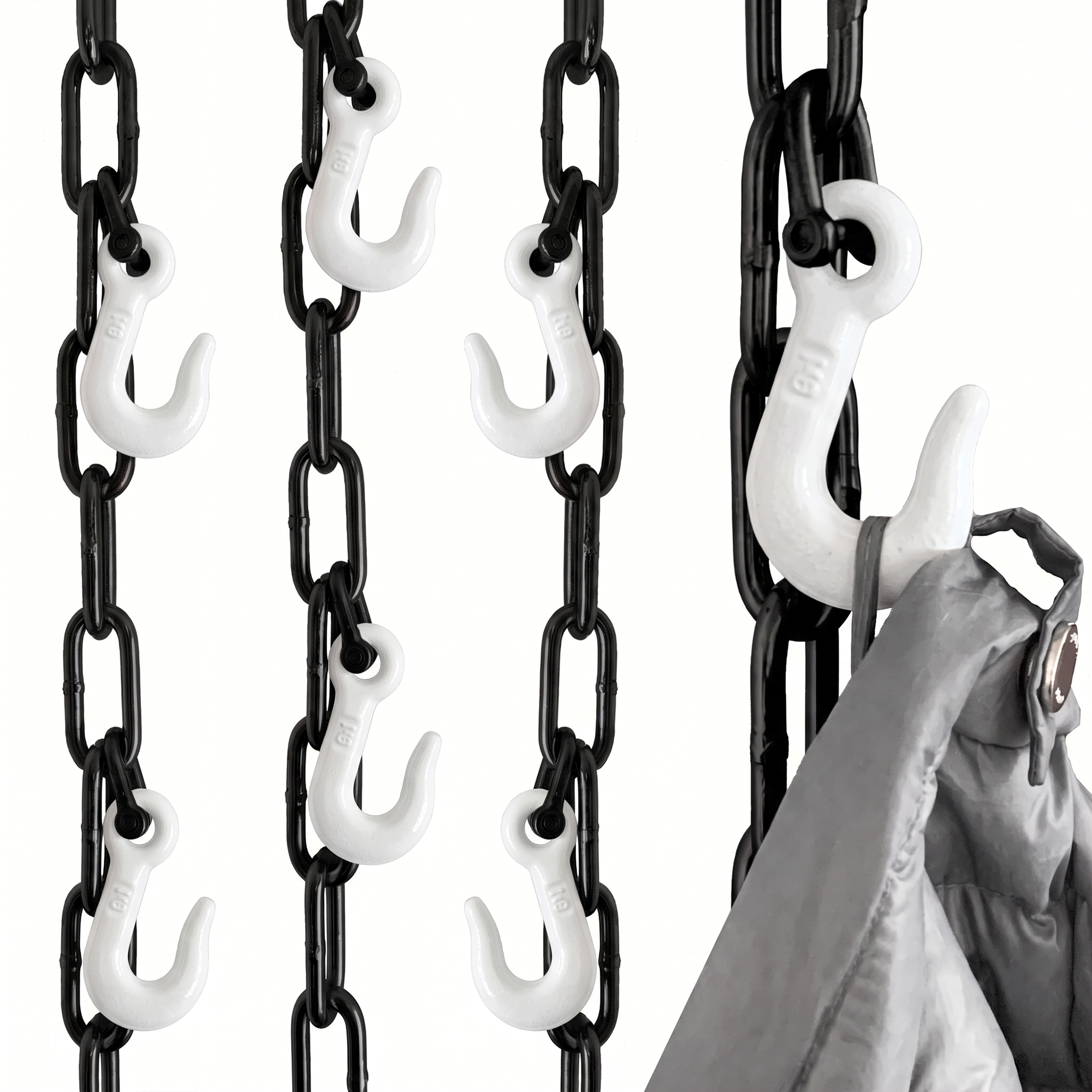 Garderobe aus Stahl-Kette und robusten Metallhaken zum Aufhängen an der Decke im Industrial Design