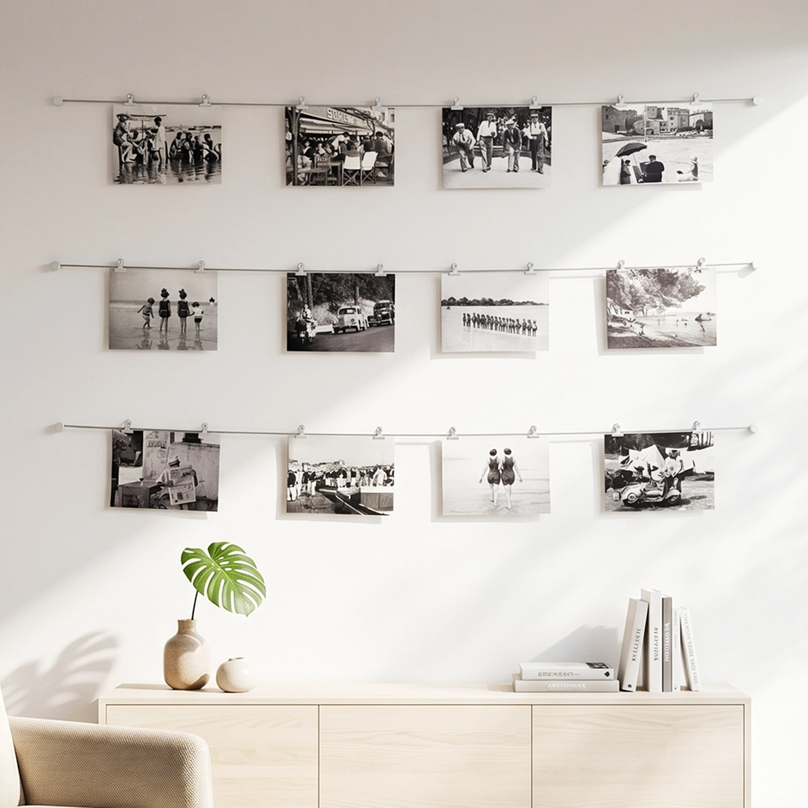 Fotoseil aus Stahlseil mit weißen Metallclips und Fotos