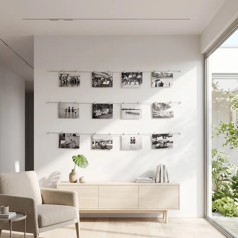 Dezentes Fotoseil aus Stahlseil zur Wanddekoration im Wohnzimmer
