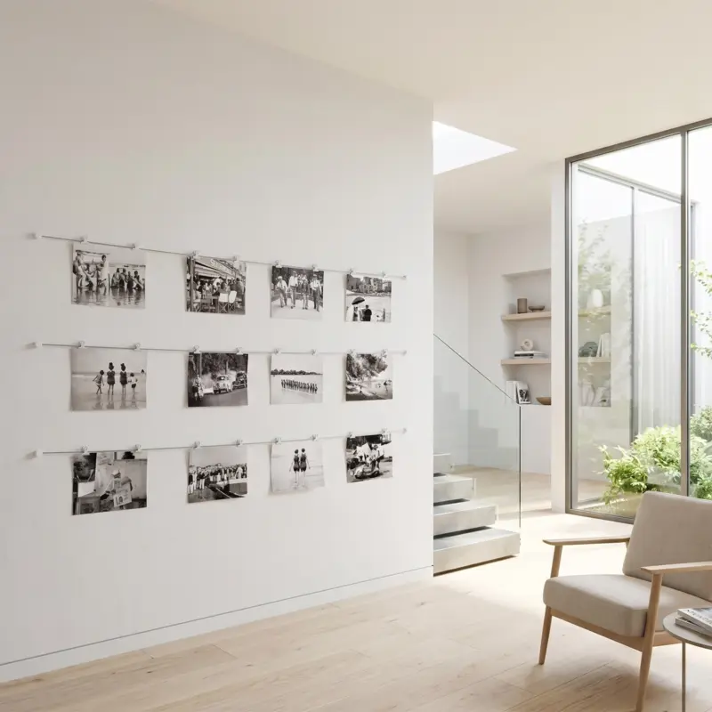 Fotos stilvoll in Szene setzen – ganz ohne Bilderrahmen in der Wand im Wohnzimmer