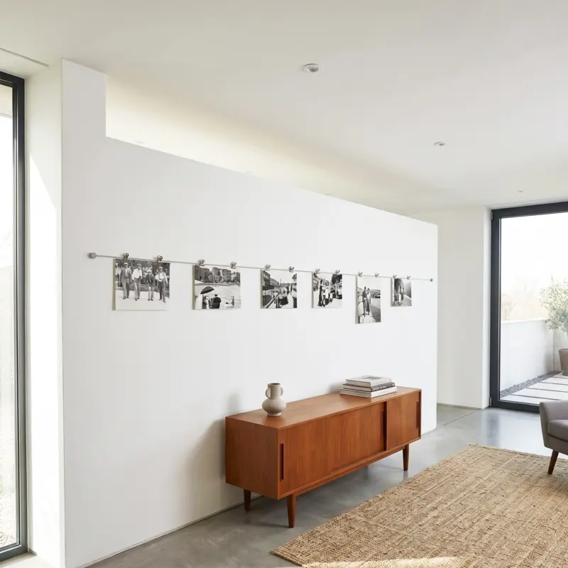 Zeitloses Fotoseil mit weißen Clips an einer Wand im Wohnzimmer