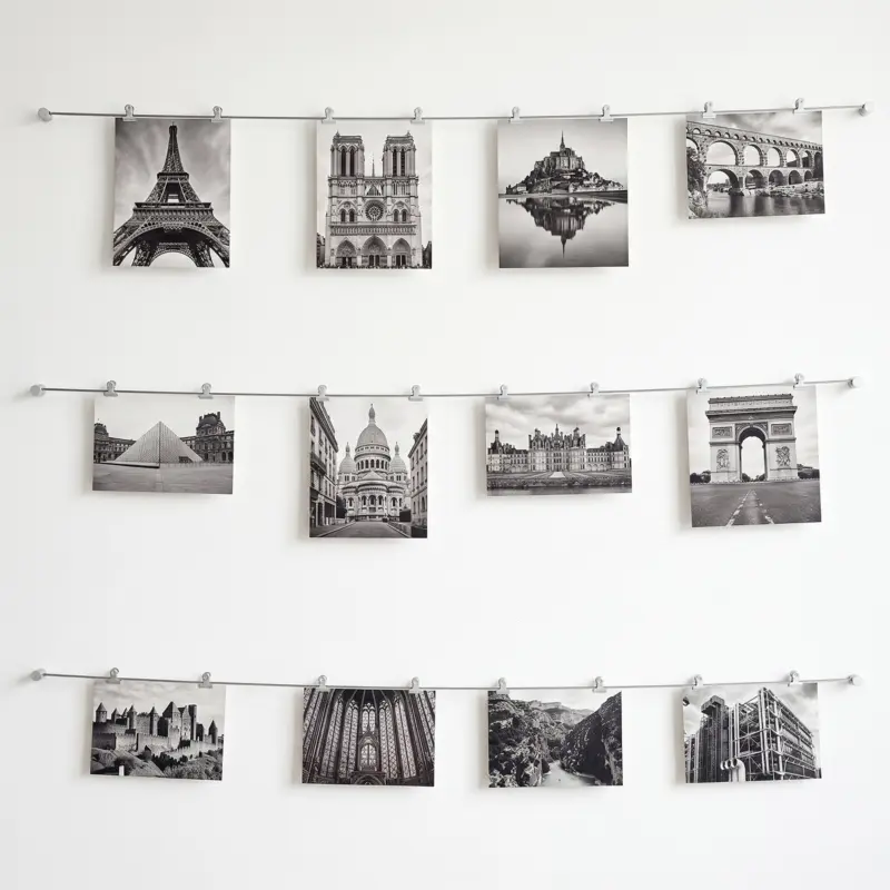 Handgefertigtes Fotoseil aus Stahlseil mit weißen Metallclips